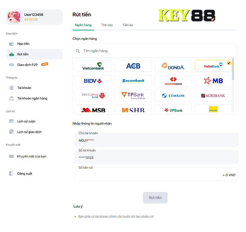 Hướng Dẫn Rút Tiền Key88 Qua Ngân Hàng